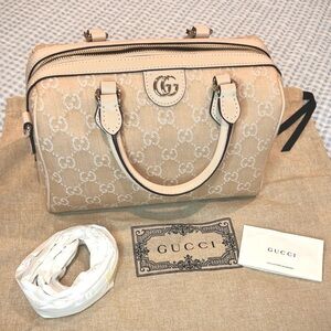 NWT GUCCI Denim Soufflé Rose Tan/White Monogram Ophidia Crossbody/Top Handle Bag